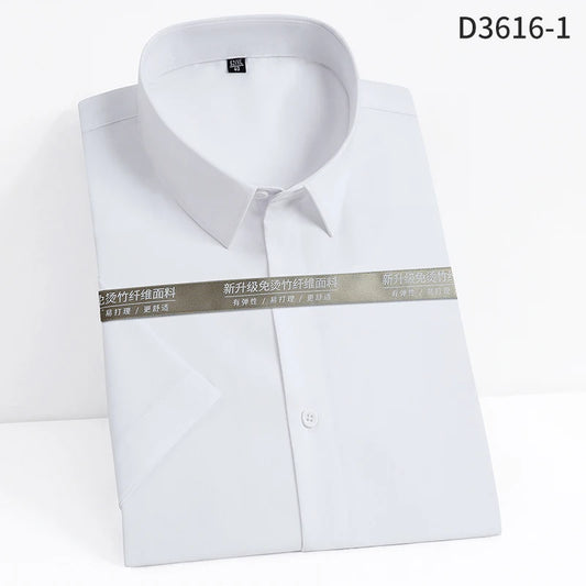 2021 New Men Shirt Short Sleeve Elastic Bamboo Cloth No-Iron Solid Color 3D  Black Work Casual 5XL Econimic Cloth Summer DA509